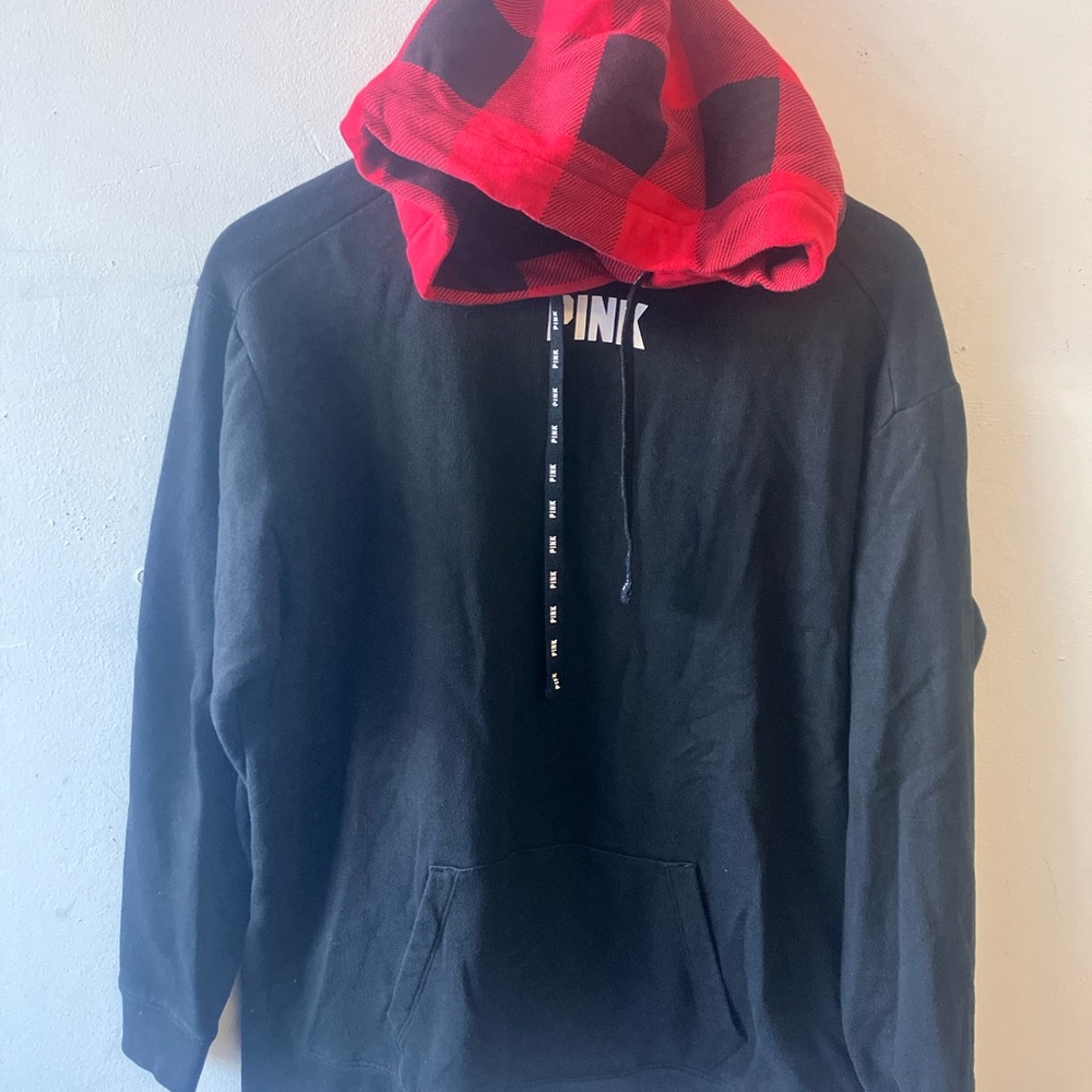PINK Victoria's Secret Black Hoodie with Red Plaid Hood